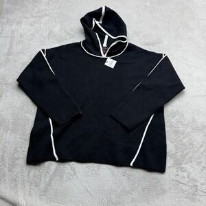 Elena Wang Sweater Hoodie Women Large Black White Contrast Piping Knit Cozy Chic